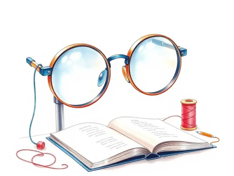 Illustration aquarelle de lunettes loupes posées au-dessus d'un livre, avec une bobine de fil