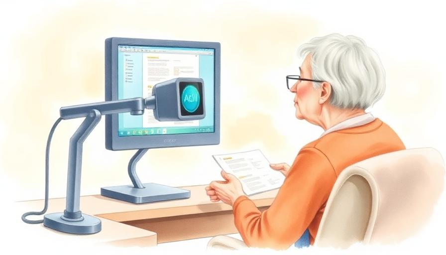 Illustration d’une personne âgée malvoyante devant un téléagrandisseur